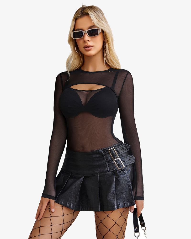 Black cut-out mesh bodysuit, black mini-skirt. See through design for rave outfits.