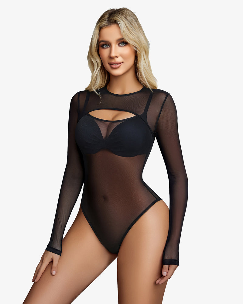 Black cut out mesh leotard, sexy lingerie for women. See through design, rave outfits.