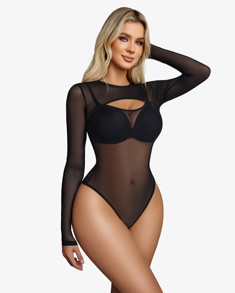 Cut-out mesh leotard. Black see-through bodysuit, long sleeves. Sexy lingerie or rave outfit.