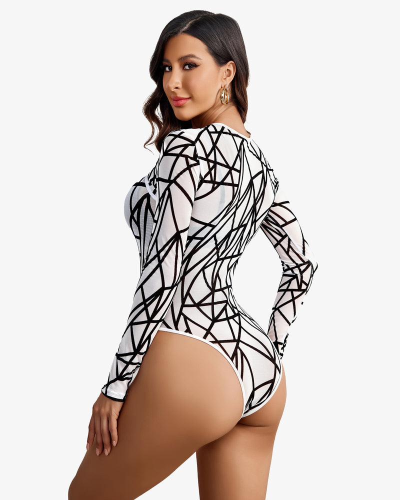 Geometric black and white mesh bodysuit, a sensual lingerie or rave outfit with long sleeves.