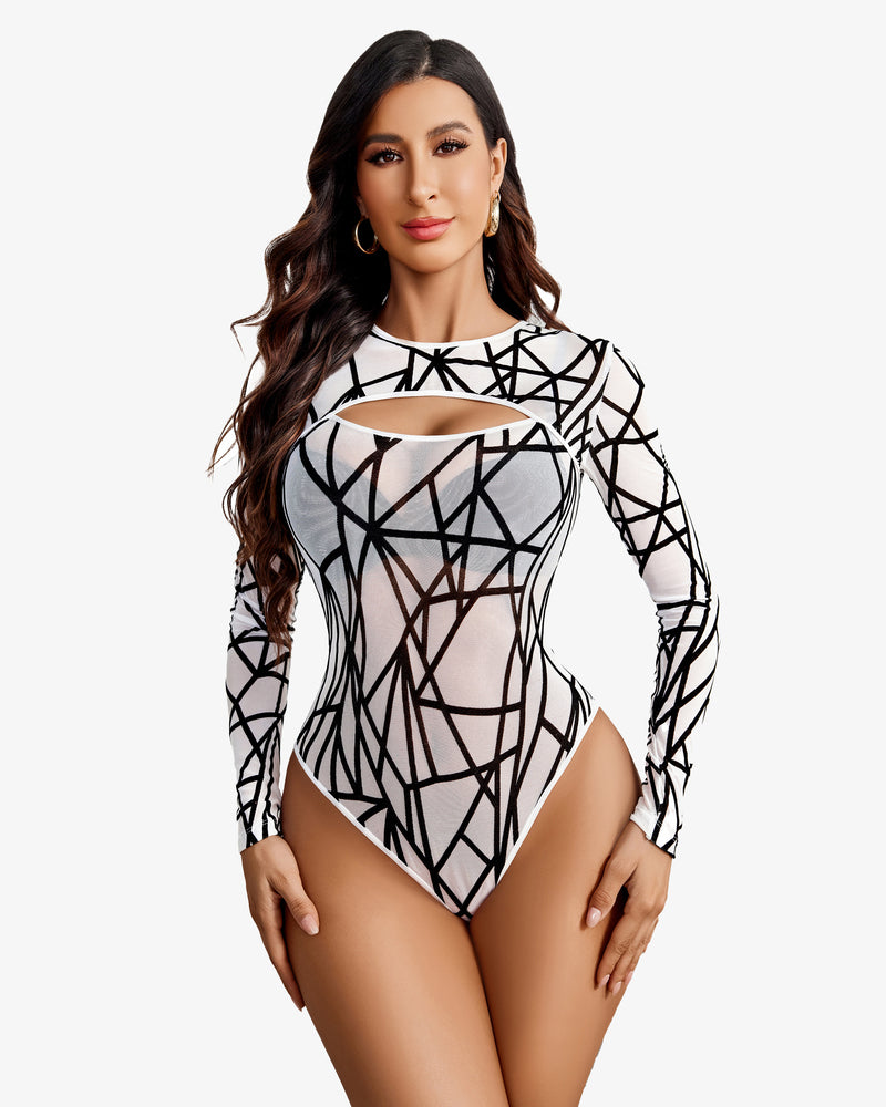 Geometric cut-out mesh bodysuit for women, perfect for rave outfits or sensual lingerie