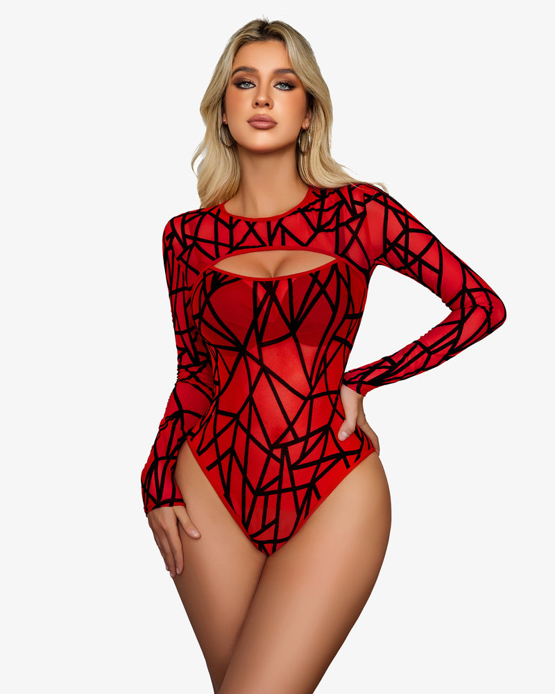 Red cut-out mesh bodysuit with geometric black design, perfect for rave outfits or lingerie.