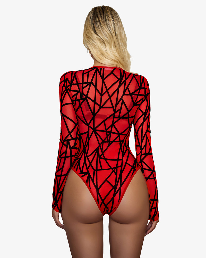 Red geometric cut-out mesh bodysuit with long sleeves, perfect for rave outfits or lingerie