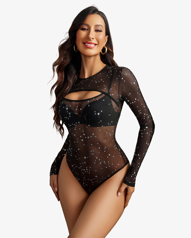 Black mesh bodysuit with star pattern, cut-out design, perfect for rave or sensual lingerie