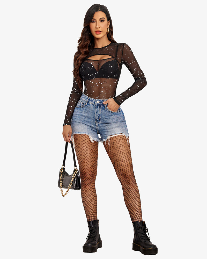 Black star mesh bodysuit, cut-out design, rave outfit, long sleeves