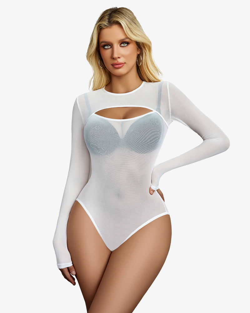 White mesh cut-out bodysuit, long sleeves, perfect for rave outfits or lingerie, see-through design