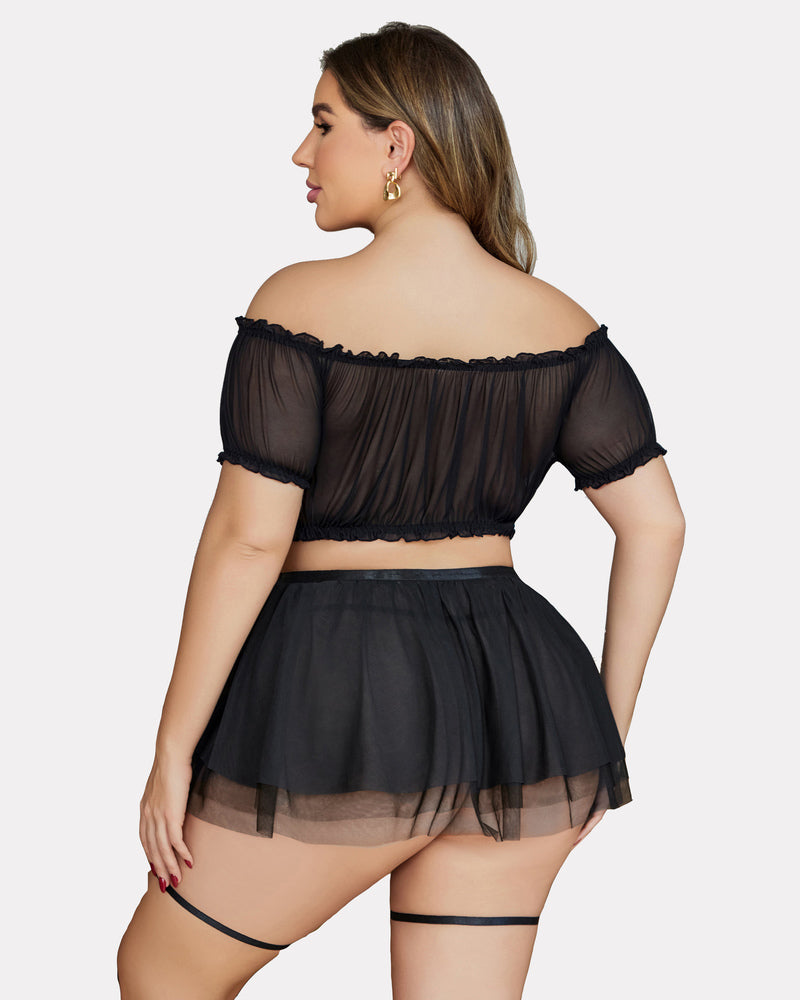 Plus Size Black Mesh Lingerie Set, Off Shoulder Top, Garter Skirt, Honeymoon Ready