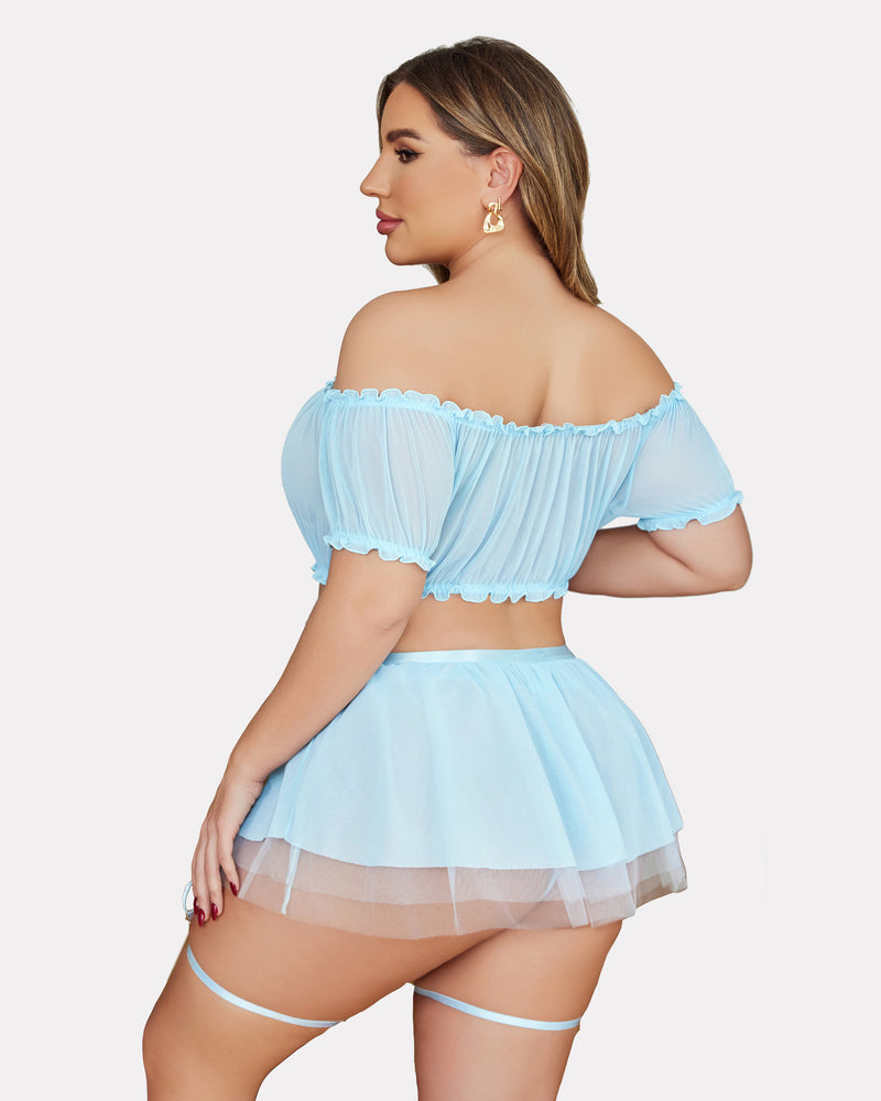 Plus Size Light Blue Mesh Lingerie Set with Garter Belts