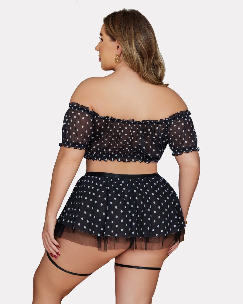 Plus Size Black Polka Dot Lingerie Set with Off Shoulder Top and Garter Skirt