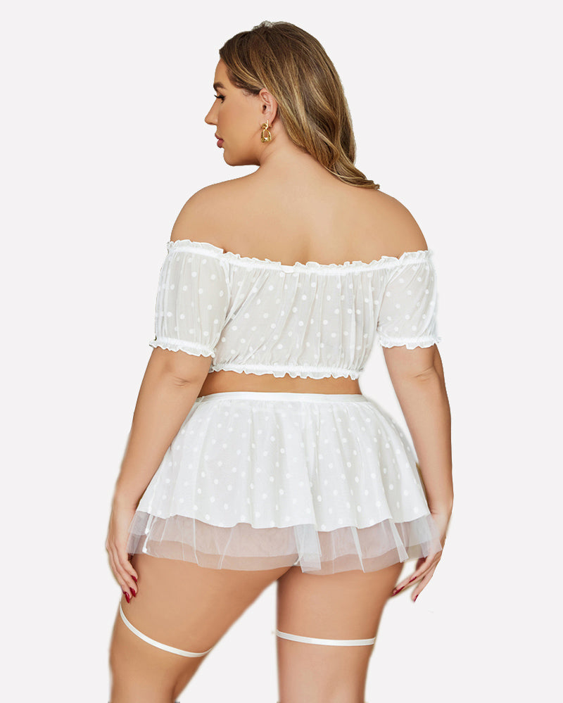 Plus Size White Polka Dot Lingerie Set with Off-Shoulder Top and Garter Skirt, Honeymoon Ready