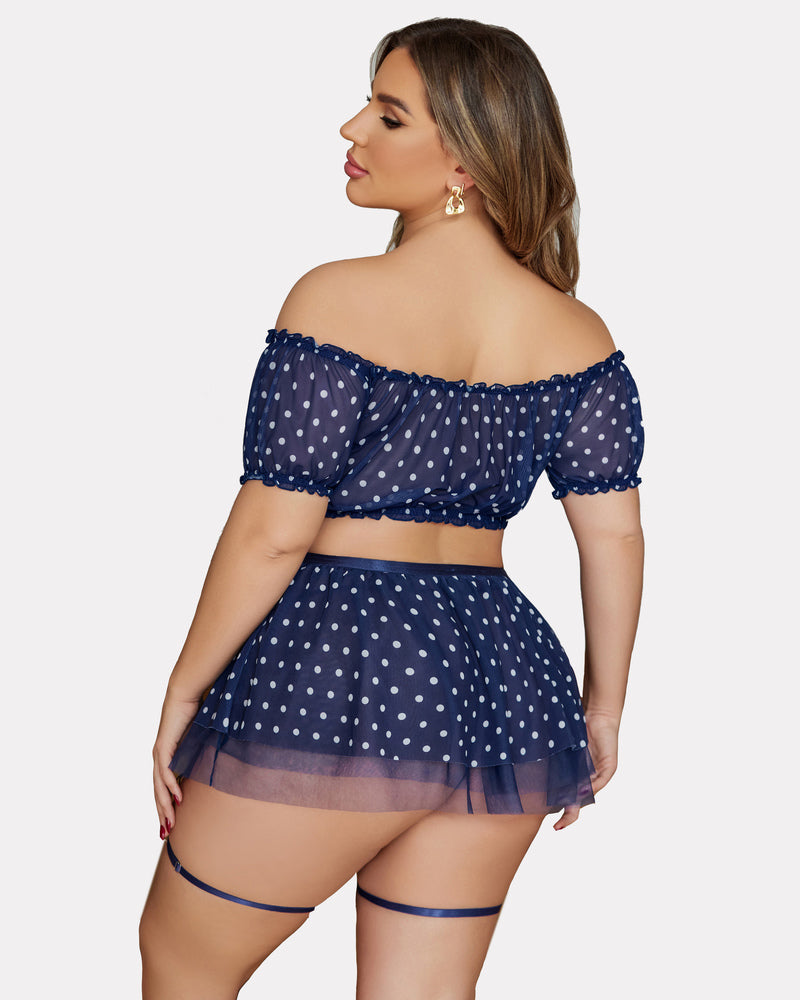 Plus size navy polka dot mesh lingerie set. Off shoulder top with garter skirt, honeymoon ready.