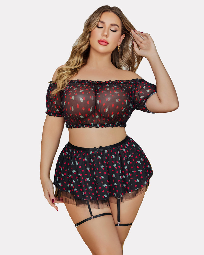 Plus Size Garter Mesh Lingerie Set, Black Cherry Print, Off Shoulder, Honeymoon Ready