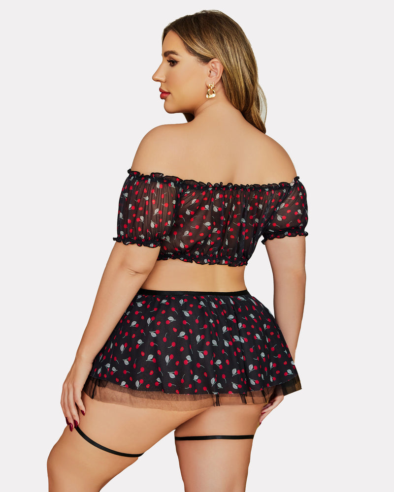 Plus Size Cherry Print Mesh Lingerie Set, Off Shoulder Style, Honeymoon Ready