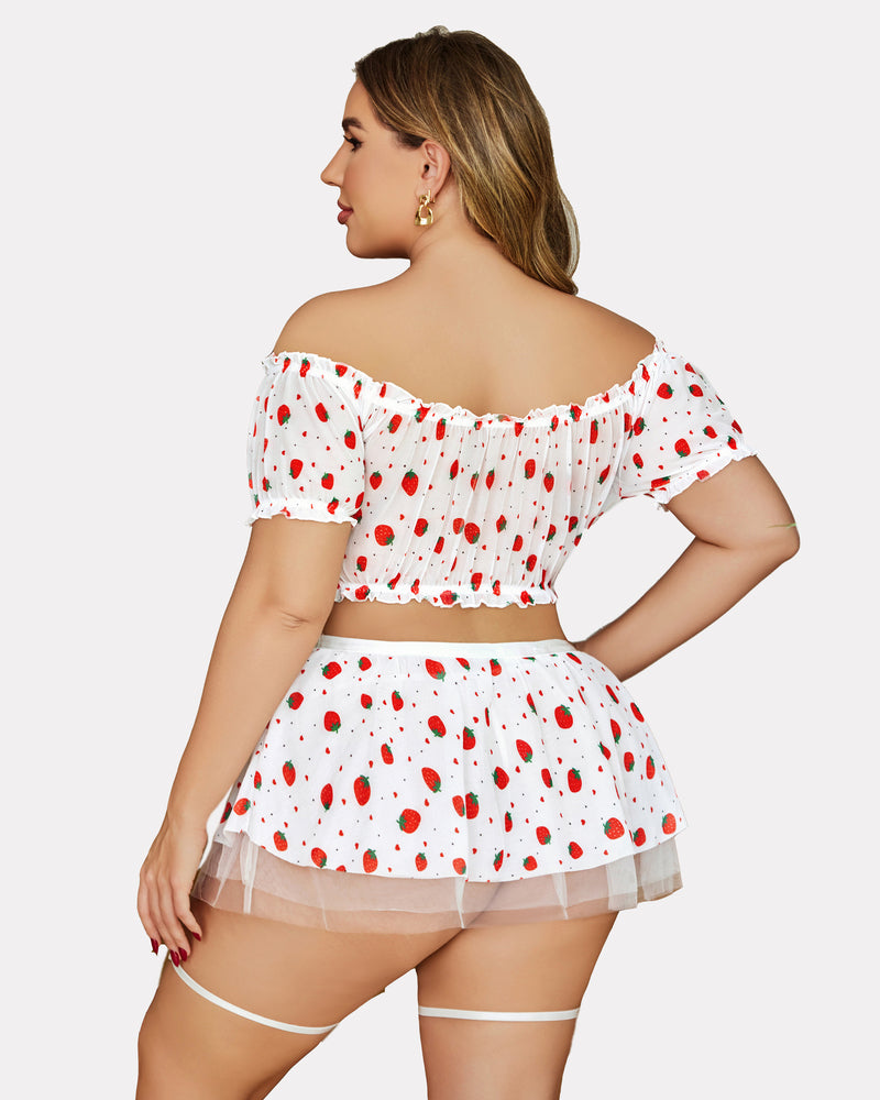Plus Size Strawberry Lingerie Set: Off Shoulder, Garter Belt, Honeymoon Ready