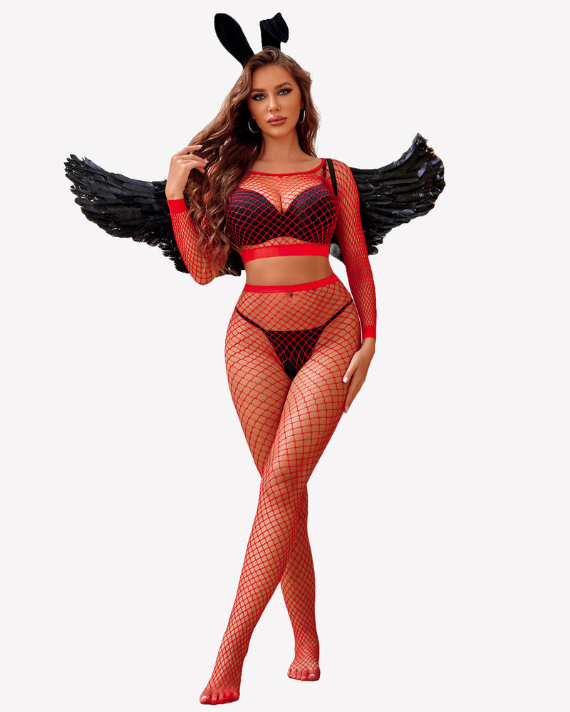 Red fishnet two-piece outfit with bunny ears and wings. Sexy lingerie for women.