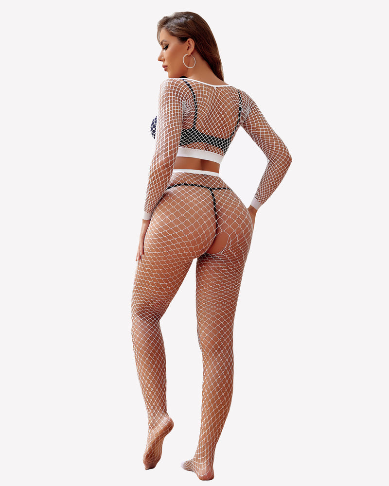 White fishnet long sleeve two piece outfit set for women. Sexy lingerie.  Avidlove design.