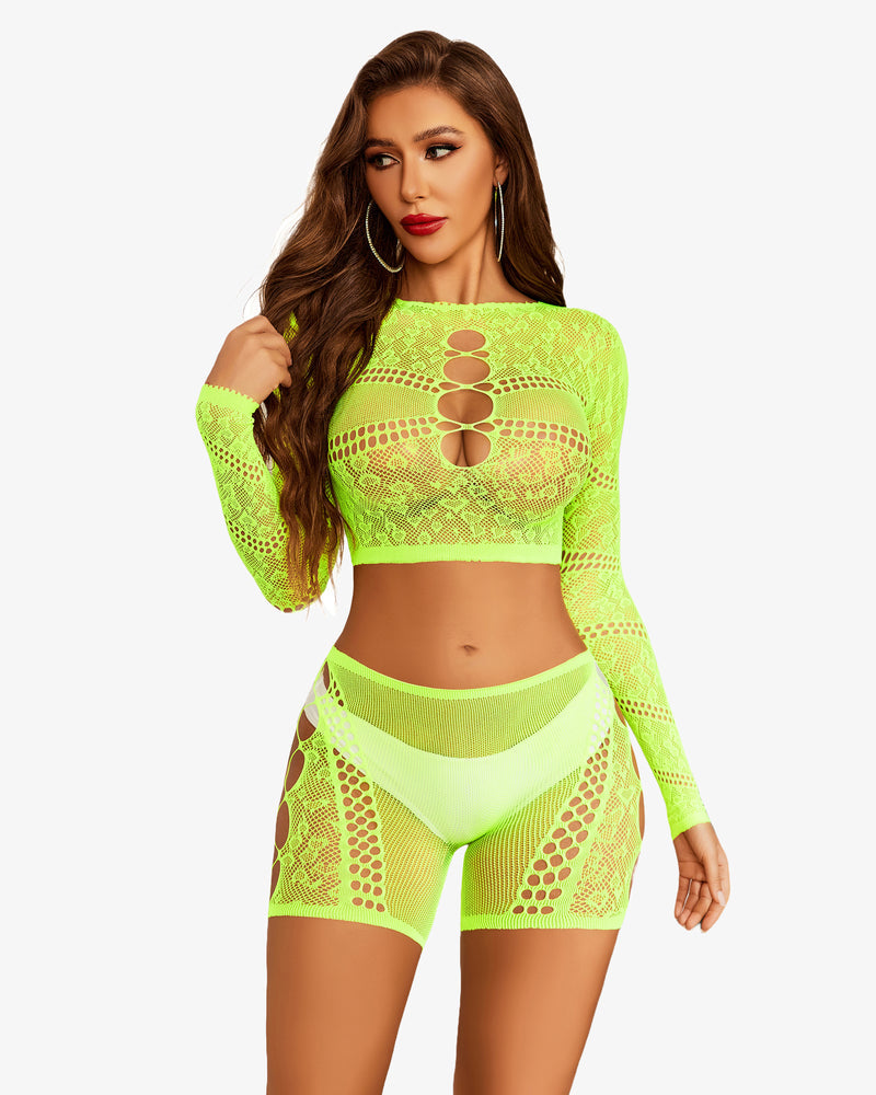 Neon green fishnet lingerie set: Crop top and shorts featuring cut-out details for a confident look.