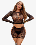 Model in white fishnet two-piece lingerie set featuring long sleeves and stylish cutouts.