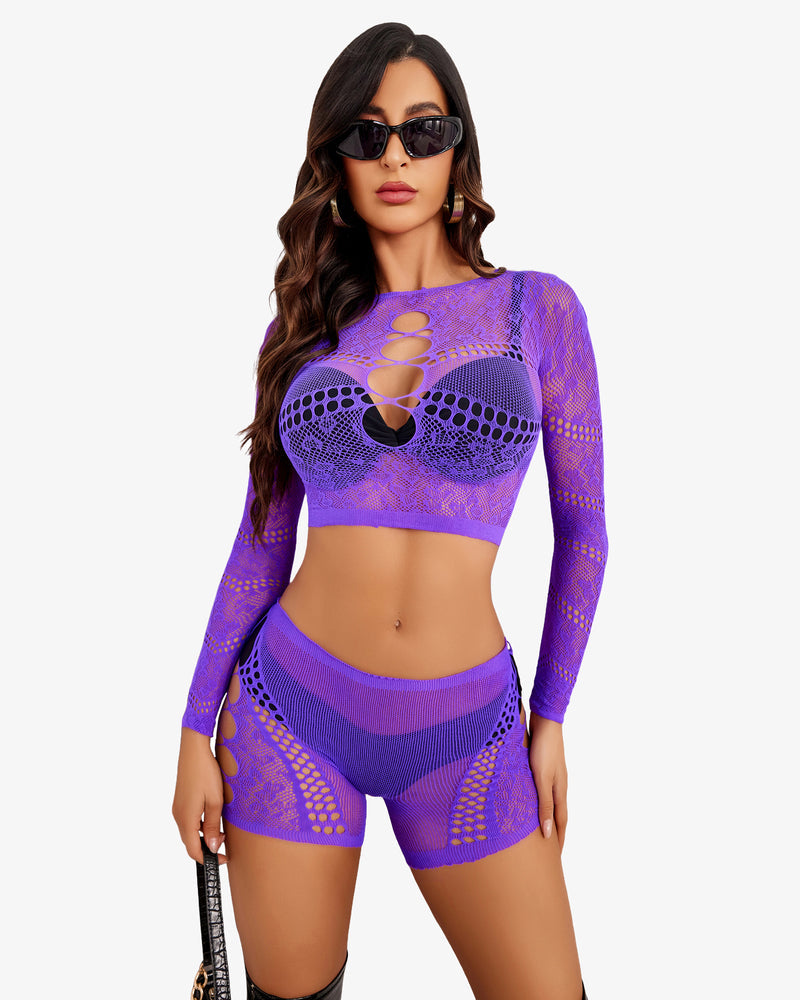 Purple fishnet lingerie set: Cutout crop top and shorts for a confident, comfortable style.