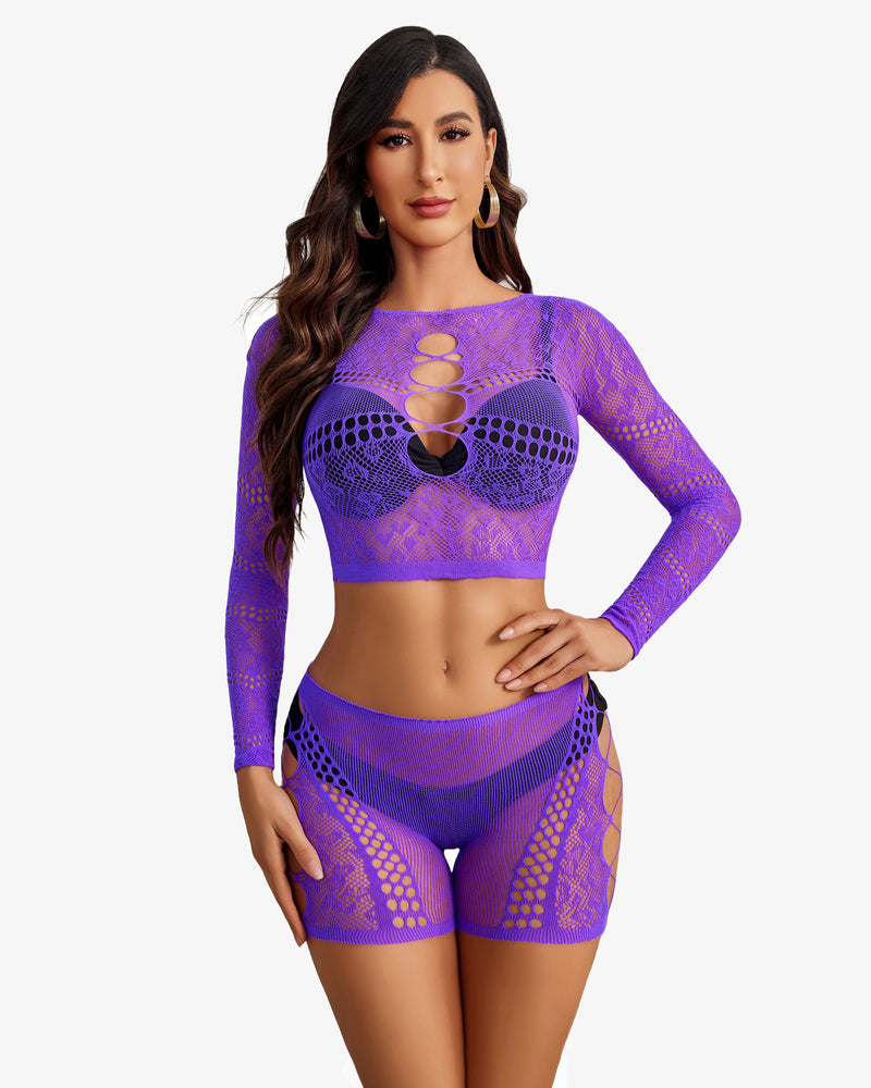 Purple fishnet lingerie set with cutout crop top and shorts, designed for confidence and style.