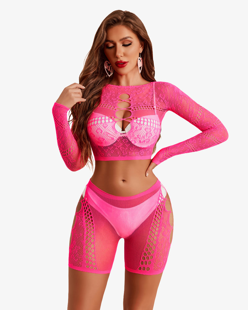 Neon pink fishnet lingerie set, cutout crop top and shorts, sexy and confident style.