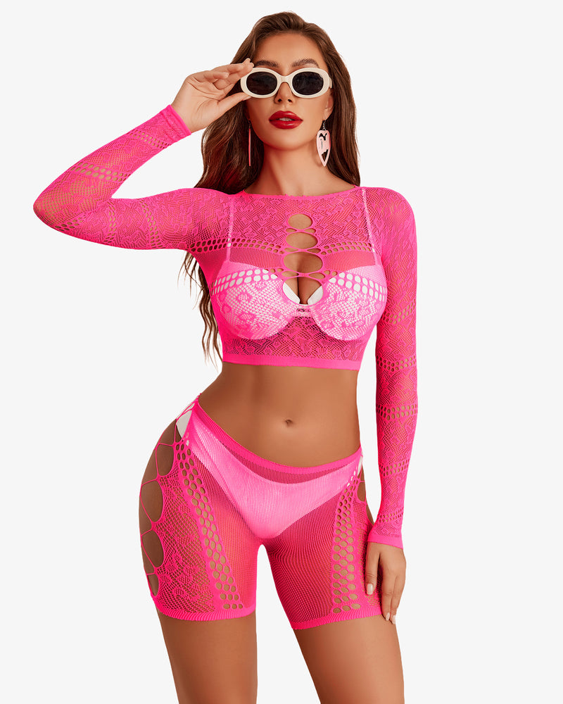 Neon pink fishnet lingerie set, cutout crop top and shorts, designed for a confident, sexy style.