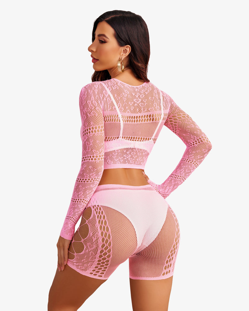 Pink fishnet lingerie set: Cutout crop top and shorts for a confident and stylish look.