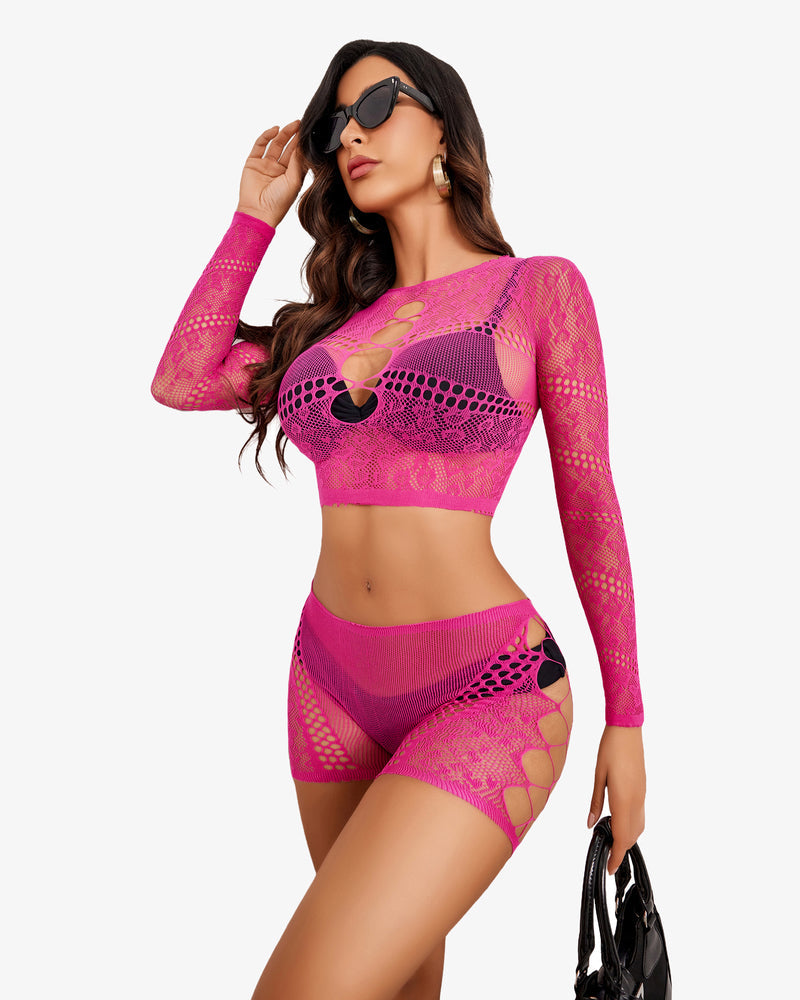Neon pink fishnet lingerie set: Cutout crop top and shorts, a confident and sexy style.