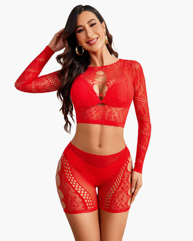 Red fishnet lingerie set with cut-out details. Crop top and shorts for confident, sexy style.