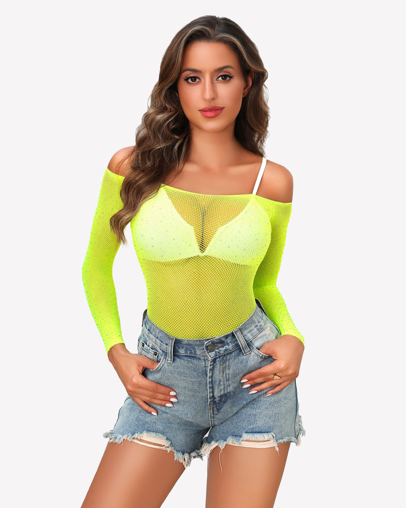 Neon yellow fishnet bodysuit, off-shoulder, rhinestone accents. Bold, curve-enhancing.