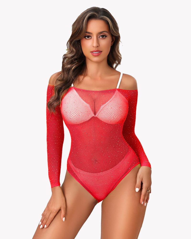 Red rhinestone fishnet bodysuit. Sexy, off-shoulder lingerie to enhance curves, stylish look.