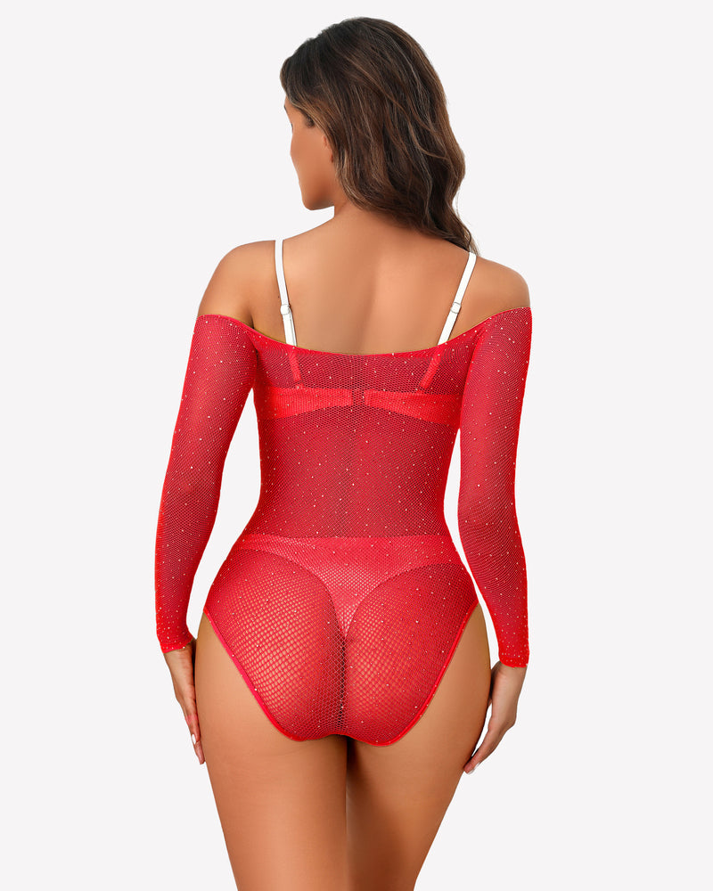 Red rhinestone fishnet bodysuit, off-shoulder style, sexy lingerie, curve-enhancing design for women