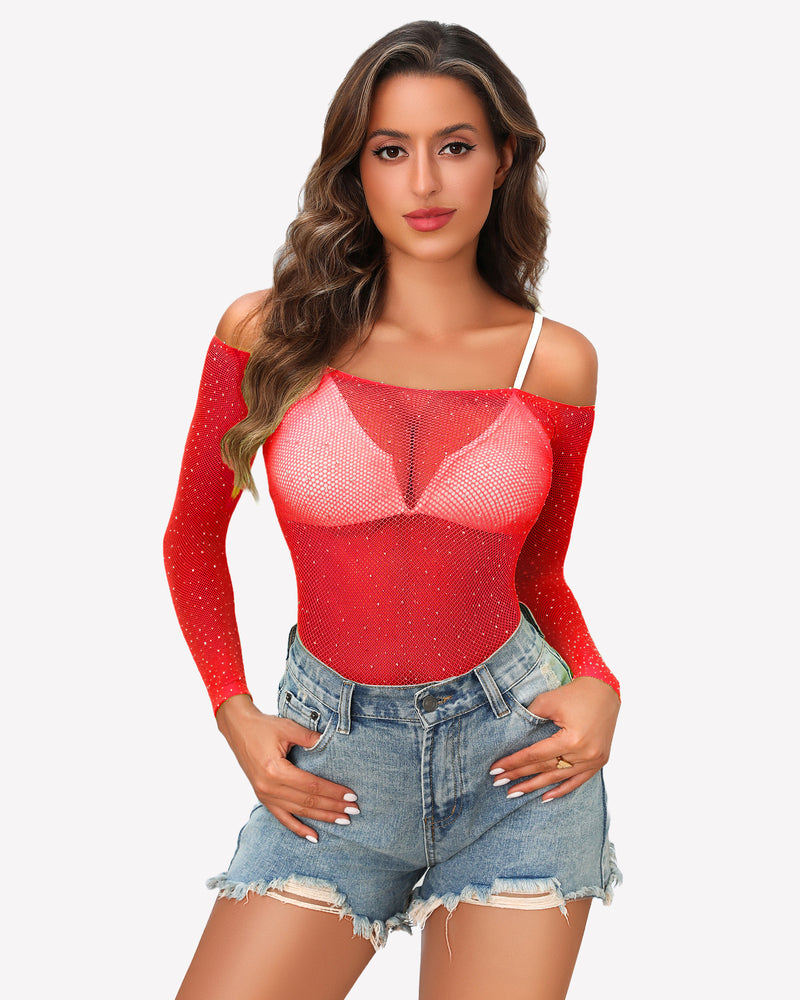 Red rhinestone fishnet bodysuit, off-shoulder, long sleeves, sexy lingerie for women.
