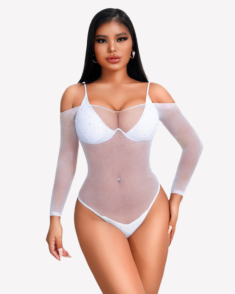 White rhinestone fishnet bodysuit. Off-shoulder, long sleeves, sexy lingerie to enhance curves.