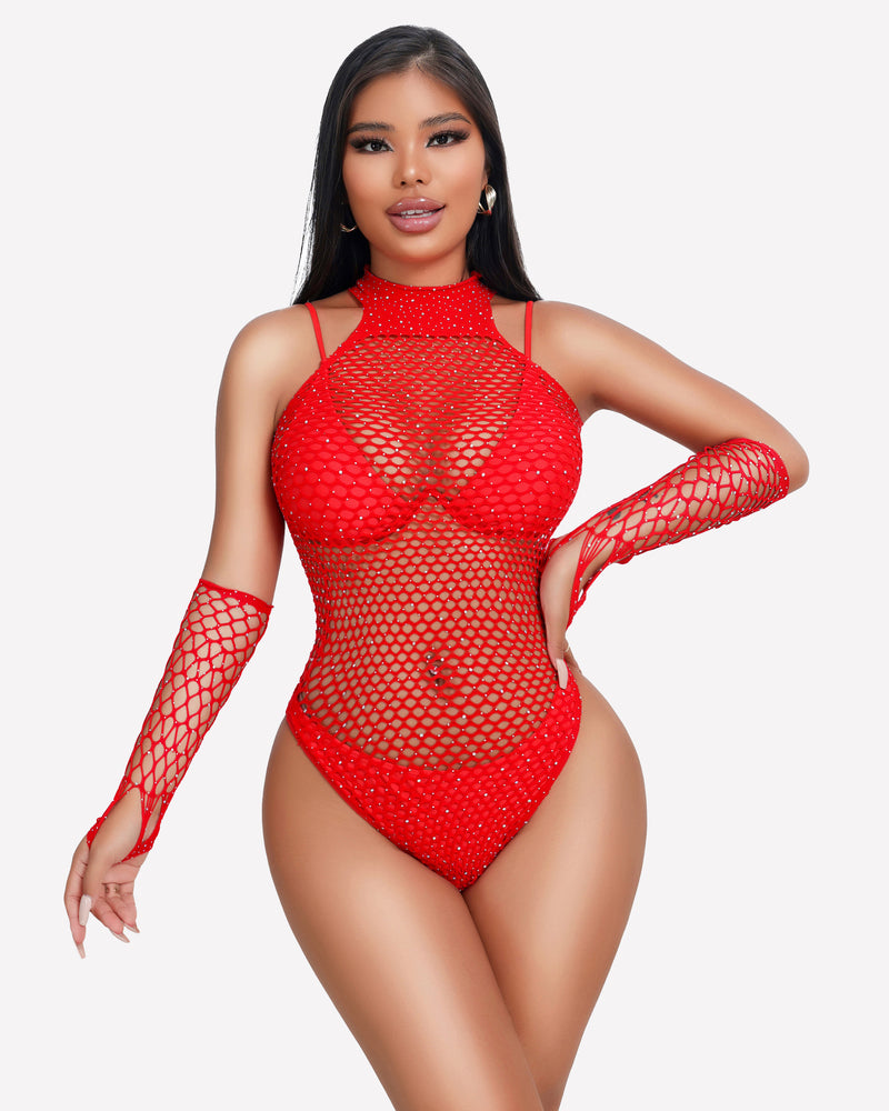 Red fishnet rhinestone bodysuit with matching gloves. Sexy lingerie, modern design.