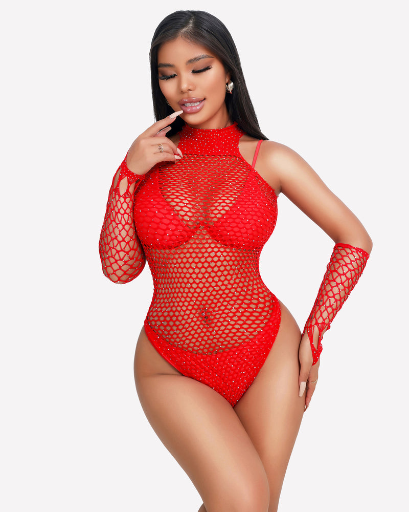 Red rhinestone fishnet bodysuit with gloves. Modern, sexy lingerie for women, enhancing beauty.