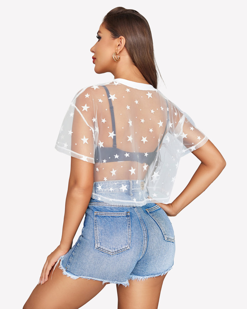 White star mesh crop top with denim shorts. Trendy and sexy see-through shirt for women.