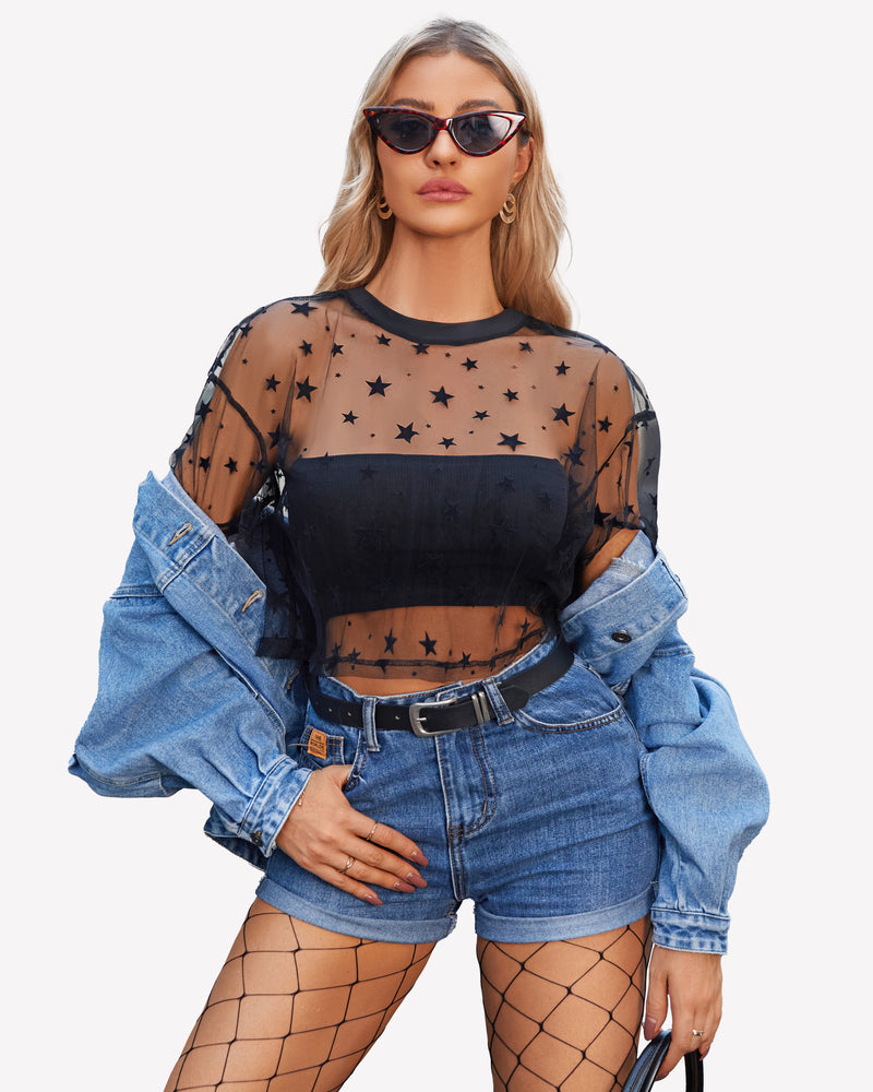 Black star mesh crop top, denim shorts, fishnets. Trendy and sexy see-through top.
