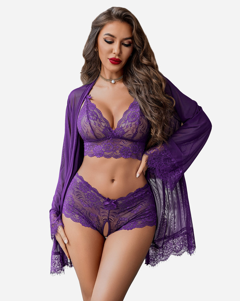 Avidlove purple lace lingerie set: sheer kimono robe, lace bra, and panty, perfect as sleepwear.