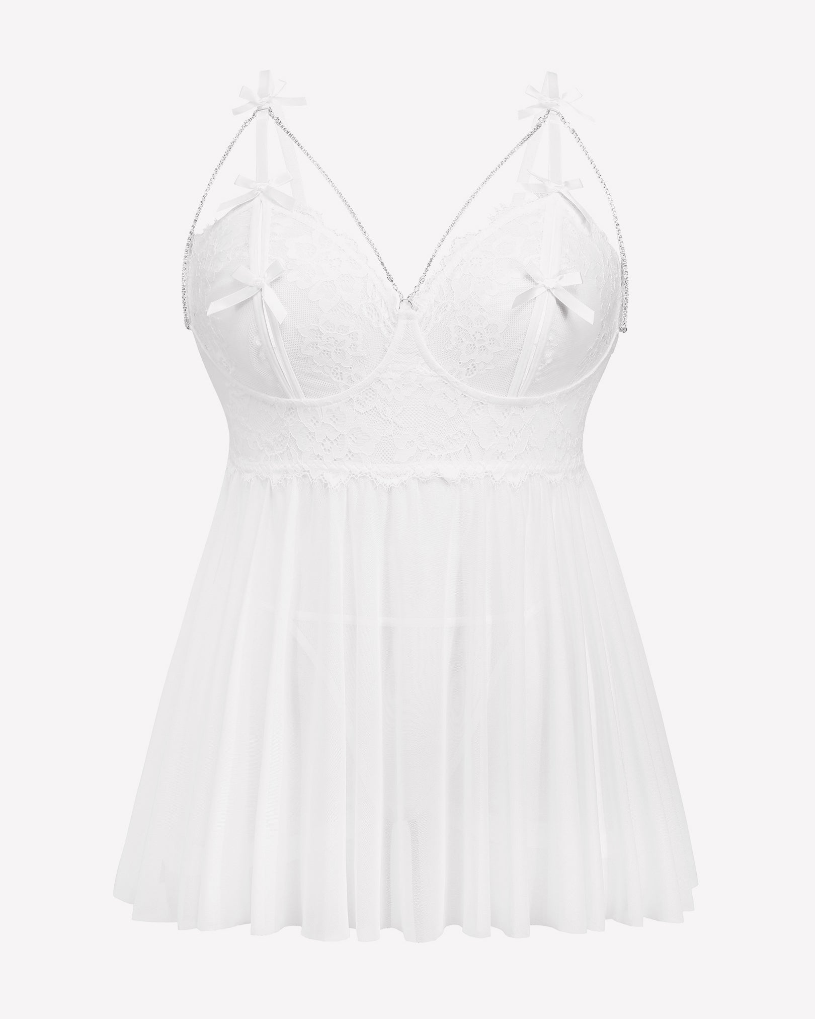Plus Size White Lace Babydoll Nighty with Adjustable Straps and Chain Detail, Sexy Lingerie