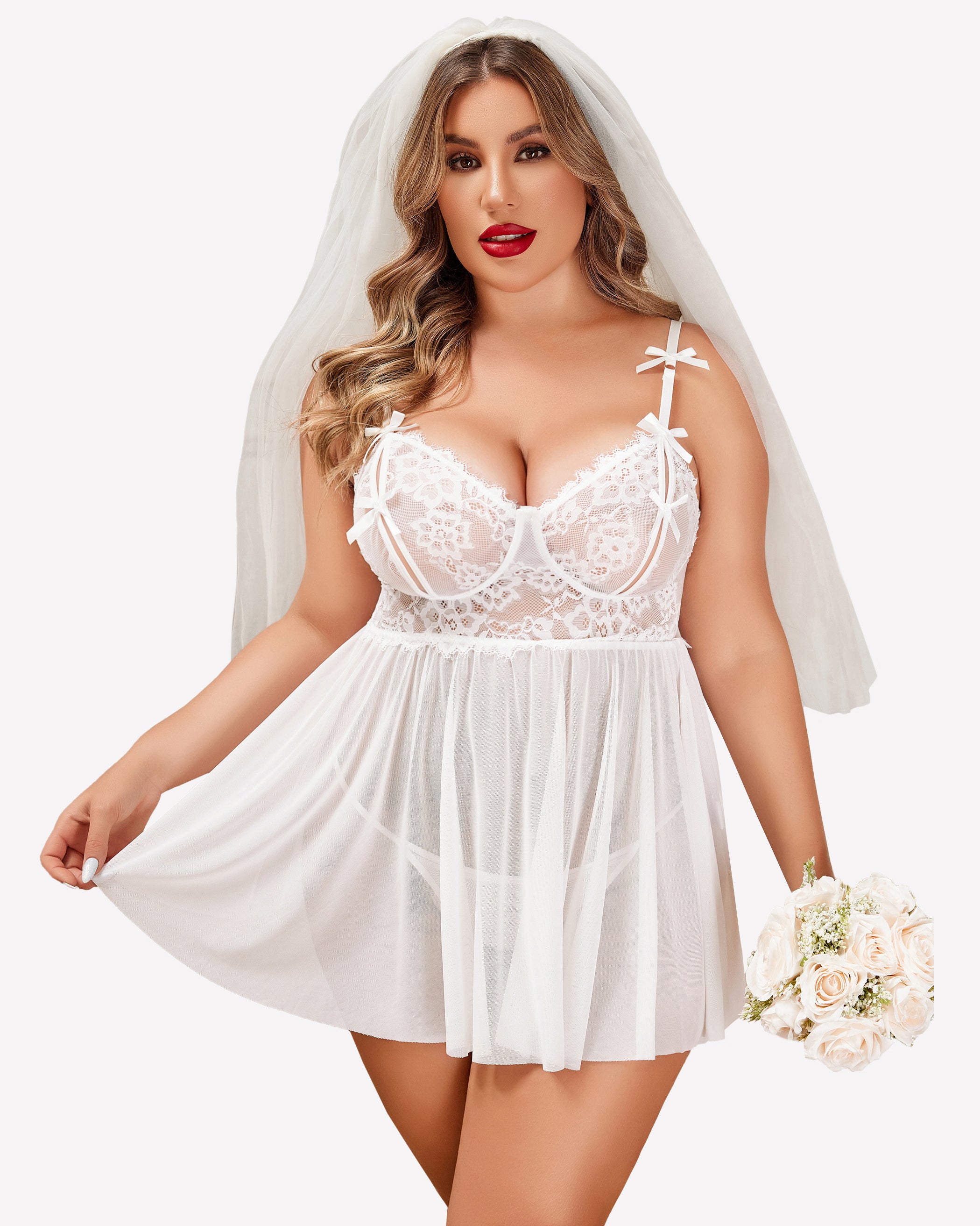 Plus size bridal lingerie, white lace babydoll nighty, veil and bouquet, perfect for a bride.