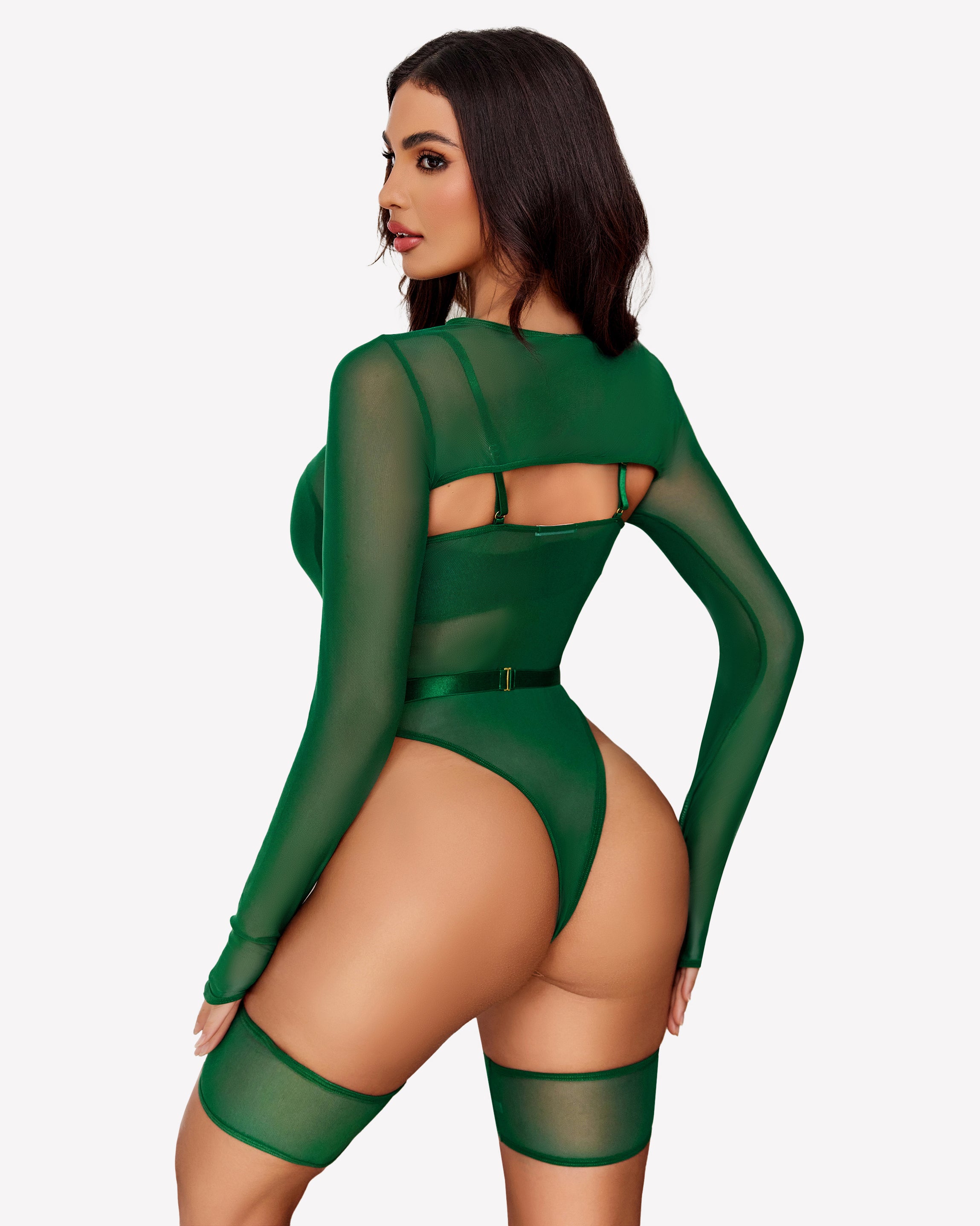 Green mesh long sleeve teddy sheer leotard set with cut-out design, sexy lingerie for women