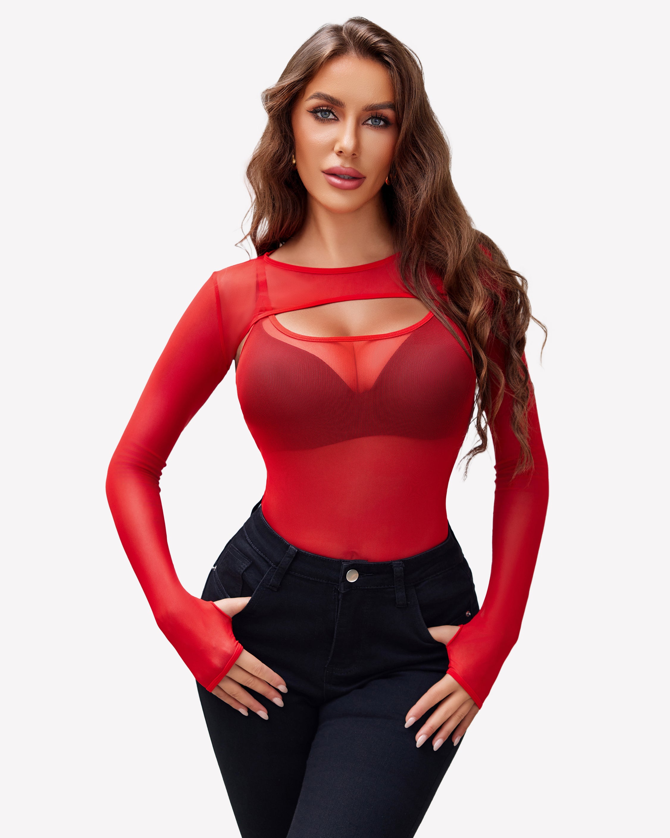 Red mesh long sleeve top with cut-out design, black jeans, and black bra. Sexy lingerie for women.