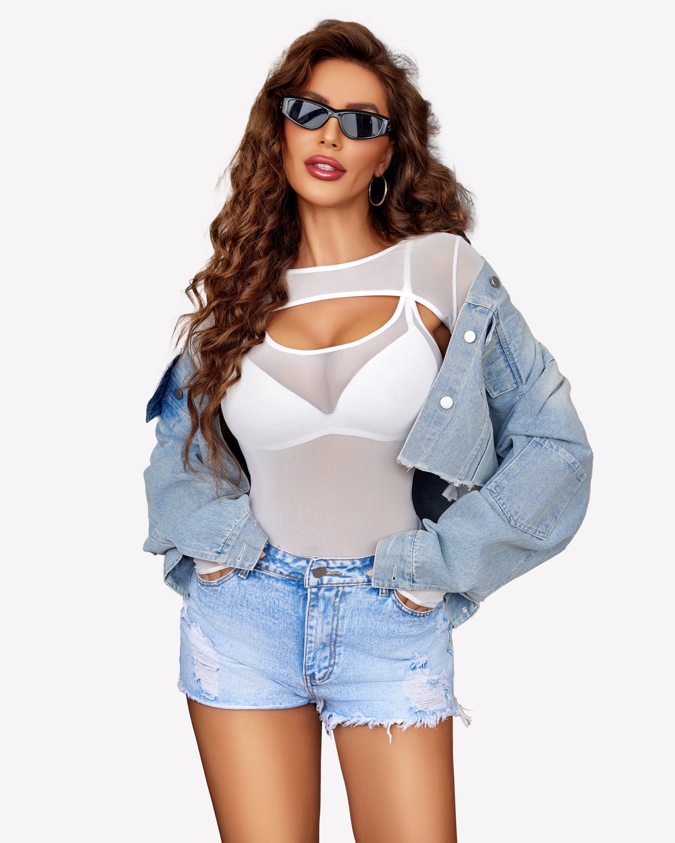 White mesh bodysuit with cut-out, denim jacket, and shorts. Sexy lingerie.