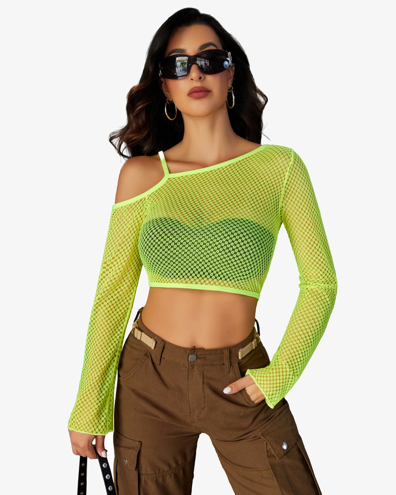 Neon green fishnet crop top with asymmetrical neck, see-through design, brown cargo pants