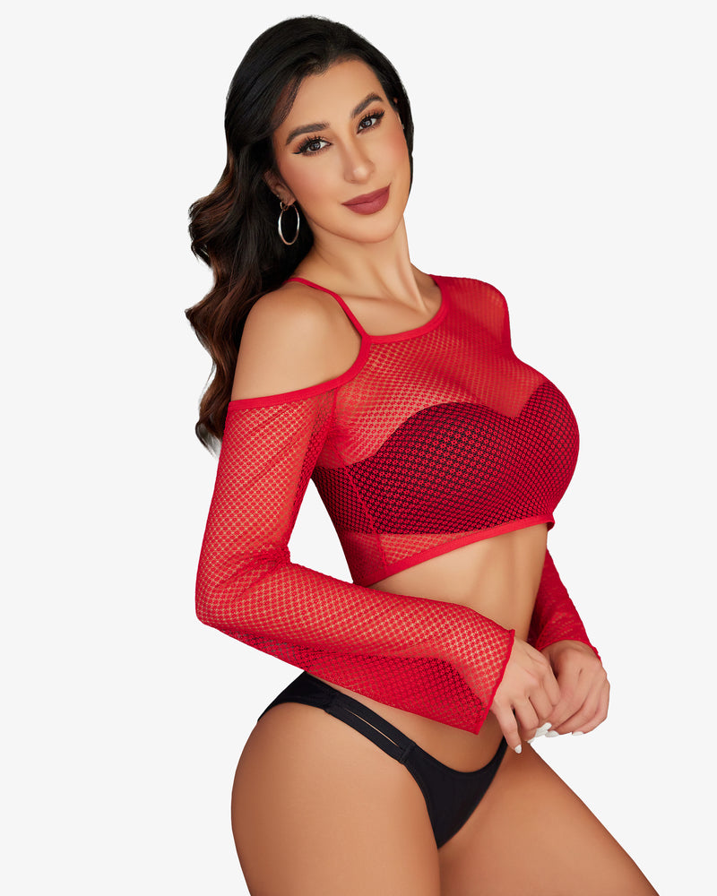 Red fishnet long sleeve crop top with asymmetrical neck, black lingerie. See-through design.