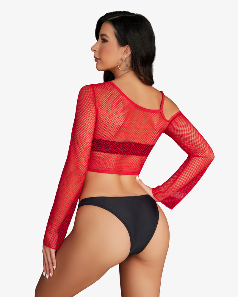 Red fishnet long sleeve top and black bikini bottoms, see-through lingerie