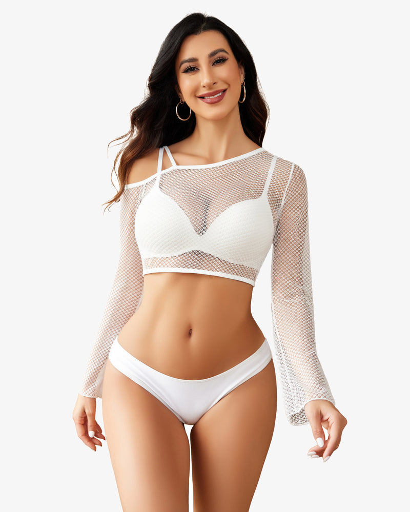 White fishnet long sleeve top and lingerie set, featuring asymmetrical neck and see-through design