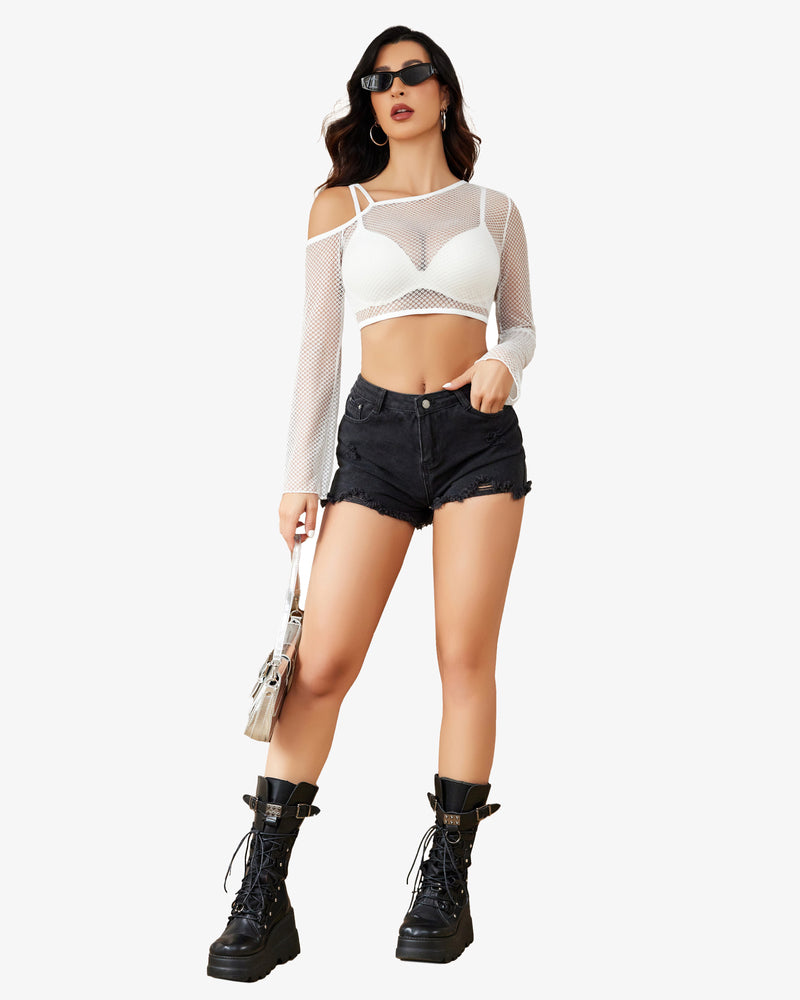 White fishnet long sleeve crop top with asymmetrical neck, black denim shorts, and combat boots