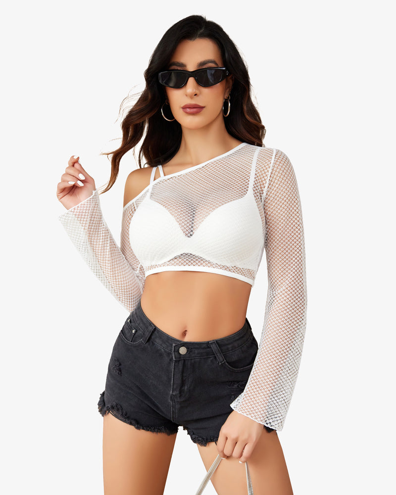 White fishnet crop top with asymmetrical neck and black shorts. See-through design for a sexy look.